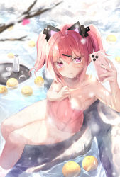 Rule 34 | &gt;:), 1girl, arm up, bandaid, bandaid on cheek, bandaid on face, bare arms, bare shoulders, blurry, blurry foreground, blush, branch, breasts, cellphone, closed mouth, collarbone, commentary request, depth of field, food, fruit, hair between eyes, hair ornament, hairclip, highres, holding, holding phone, naked towel, natuna natu, onsen, original, phone, purple eyes, red hair, selfie, small breasts, solo, towel, tray, twintails, v-shaped eyebrows, water, yuzu (fruit), yuzu bath