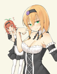 Rule 34 | 2girls, :o, aemu (august life), bare shoulders, blonde hair, blush, breasts, cleavage, detached collar, frills, green eyes, hair ribbon, hairband, heart, looking at another, looking at viewer, maid, multiple girls, original, pointing, pointing at self, red eyes, red hair, ribbon, short hair, smile, white legwear