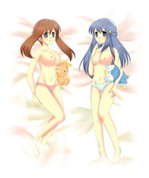 Rule 34 | 2girls, :o, bed, blue eyes, blue hair, breasts, brown hair, creatures (company), dawn (pokemon), game freak, gen 3 pokemon, gen 4 pokemon, green panties, hair ornament, hairclip, large breasts, long hair, may (pokemon), medium breasts, multiple girls, nintendo, nipples, no bra, no pants, panties, piplup, pokemon, pokemon (creature), polka dot, polka dot panties, red panties, sleeping, smile, striped clothes, striped panties, topless, torchic, underwear