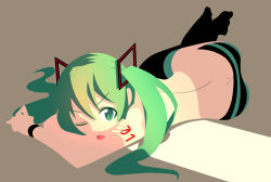 Rule 34 | 1girl, counterspell (artist), green eyes, green hair, hatsune miku, lying, matching hair/eyes, panties, solo, striped clothes, striped panties, thighhighs, topless, twintails, underwear, uuna (counterspell), vocaloid