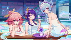 3girls absurdres animal_ears bathing blue_hair blue_pupils blunt_bangs breasts dango fan_hair_ornament food fox_ears genshin_impact hair_between_eyes hair_bun hair_ornament highres long_hair looking_at_viewer mole mole_under_eye multiple_girls nail_polish naked_towel official_alternate_hairstyle official_art onsen open_mouth parted_bangs partially_submerged pink_hair pink_nails pointy_ears purple_eyes purple_hair purple_nails raiden_shogun sanshoku_dango sidelocks towel upper_body wagashi wet wet_hair yae_miko yumemizuki_mizuki