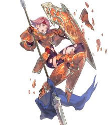 Rule 34 | 1girl, armor, armored boots, boots, fire emblem, fire emblem: the binding blade, fire emblem heroes, full body, gloves, gwendolyn (fire emblem), headband, highres, injury, masao tsubasa, nintendo, official art, one eye closed, open mouth, orange armor, orange eyes, pink hair, polearm, ryona, shield, solo, spear, teeth, torn clothes, transparent background, weapon