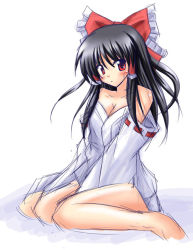 Rule 34 | 1girl, bare shoulders, barefoot, black hair, bow, breasts, cleavage, collarbone, detached sleeves, female focus, full body, hair bow, hair tubes, hakurei reimu, long sleeves, looking at viewer, red bow, red eyes, ribbon-trimmed sleeves, ribbon trim, sidelocks, simple background, sitting, solo, toes, touhou, wariza, white background