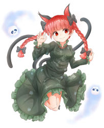 Rule 34 | 1girl, animal ears, black bow, blue fire, blunt bangs, bow, braid, breasts, cat ears, claw pose, clip studio paint (medium), closed mouth, dress, extra ears, fire, floating skull, frills, full body, green dress, hair bow, hair ribbon, hands up, highres, hitodama, juliet sleeves, kaenbyou rin, light blush, long hair, long sleeves, looking at viewer, petticoat, puffy sleeves, red eyes, red hair, ribbon, simple background, small breasts, smile, solo, tarumaru, touhou, tress ribbon, twin braids, twintails, white background