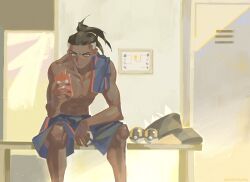 1boy bench blue_eyes blue_shorts closed_mouth collarbone commentary_request creatures_(company) dark-skinned_male dark_skin ellie_niunai_zhuyi_zhe game_freak gen_4_pokemon highres holding holding_phone holding_poke_ball indoors locker looking_down male_focus nintendo phone poke_ball pokemon pokemon_swsh raihan_(pokemon) rotom rotom_phone short_hair shorts sitting topless_male ultra_ball undercut