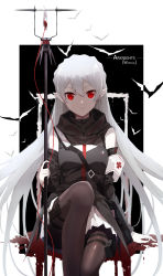 Rule 34 | 1girl, arknights, armband, artist name, bag, bare shoulders, bat (animal), black pantyhose, blood, blood bag, braid, character name, closed mouth, commentary request, copyright name, crown braid, detached sleeves, gloves, highres, holding, intravenous drip, long hair, long sleeves, looking at viewer, miniskirt, pale skin, pantyhose, pleated skirt, pointy ears, red eyes, shoulder bag, sitting, skirt, slit pupils, snozaki, solo, thigh strap, typo, vampire, very long hair, warfarin (arknights), white gloves, white hair, white skirt