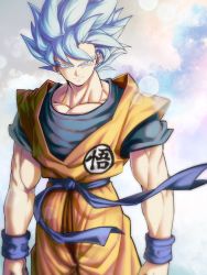 Rule 34 | 1boy, aqua background, arms at sides, blue background, blue eyes, blue hair, blurry, bokeh, clenched hands, clothes lift, depth of field, dougi, dragon ball, dragon ball super, dragonball z, floating hair, gradient background, grey background, highres, light smile, looking at viewer, male focus, mattari illust, muscular, pectorals, pink background, shaded face, simple background, smile, solo, son goku, spiked hair, standing, super saiyan, super saiyan blue, upper body, white background, wind, wind lift, wristband