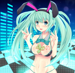 Rule 34 | 00s, 1girl, animal ears, aqua hair, bad id, bad pixiv id, between breasts, bikini, blue eyes, blush, breasts, calcio, checkered floor, double v, fake animal ears, fingernails, floor, hatsune miku, highres, large breasts, long fingernails, long hair, money, tucked money, navel, open mouth, rabbit ears, shiny skin, smile, solo, standing, strap gap, swimsuit, twintails, v, vocaloid