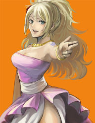 Rule 34 | 1girl, bad id, bad pixiv id, bare shoulders, blonde hair, blue eyes, breasts, cleavage, dress, earrings, fairy tail, finger gun, ginger (niningasi), jenny realight, jewelry, large breasts, long hair, necklace, parted lips, pointing, pointing at viewer, side slit, strapless, strapless dress, tattoo