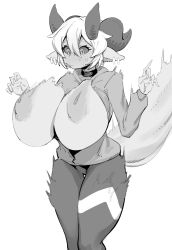 Rule 34 | 1girl, black sclera, bouncing breasts, breasts, breasts out, collar, colored sclera, dragon girl, ear piercing, gs16 (chug), highres, hood, hoodie, horns, huge breasts, jourjii, large areolae, large nipples, long tail, looking at breasts, looking down, monochrome, motion blur, motion lines, original, pants, piercing, short hair, solo, surprised, tail, white hair