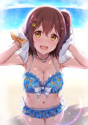 Rule 34 | 1girl, armpits, arms up, beach, bikini, blue bikini, blue sky, blush, bracelet, breasts, brown hair, cai geng, collarbone, day, highres, idolmaster, idolmaster million live!, jewelry, kasuga mirai, looking at viewer, medium breasts, microskirt, navel, one side up, open mouth, shore, short hair, skirt, sky, smile, sparkle, swimsuit, towel, wet, yellow eyes