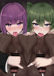 2girls anilingus clothed_female_nude_male cum ejaculation fern_(sousou_no_frieren) green_hair handjob hiiragihiiro hiiro_h multiple_girls nude purple_eyes purple_hair sousou_no_frieren tongue tongue_out ubel_(sousou_no_frieren)