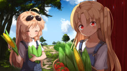 Rule 34 | 2girls, ahoge, ame., azur lane, blonde hair, blue sky, blush, cleveland (azur lane), closed mouth, cloud, columbia (azur lane), commentary request, corn, day, eyewear on head, food, hair between eyes, head tilt, holding, holding food, long hair, looking at viewer, multiple girls, one side up, outdoors, overalls, red eyes, shirt, short sleeves, sky, smile, standing, sunglasses, tomato, tree, very long hair, white shirt