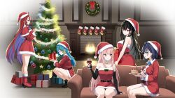 5girls ahoge alcohol aotsuki_remia bare_shoulders bell black_footwear black_hair blue_eyes blue_fire blue_hair boots breasts cake christmas christmas_lights christmas_ornaments christmas_stocking christmas_tree christmas_wreath cleavage colored_inner_hair commission commissioner_upload cross cross_earrings cup detached_sleeves dress drinking_glass ear_chain ear_piercing earrings elizabeth_rose_bloodflame fire food gift green_hair green_streaks grey_hair hair_between_eyes hair_intakes hat highres hololive hololive_english huge_ahoge jewelry jingle_bell kuroha_arya large_breasts long_hair mori_calliope multicolored_hair multiple_girls open_mouth ouro_kronii piercing pink_eyes pink_hair raikkonen red_eyes red_footwear red_hair santa_dress santa_hat short_hair smile text_tattoo very_long_hair virtual_youtuber vspo! vspo!_en wine wine_glass wreath yellow_eyes