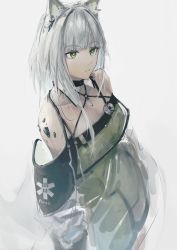 Rule 34 | 1girl, absurdres, arknights, bare shoulders, cowboy shot, dress, fuyukono, green dress, green eyes, grey hair, highres, kal&#039;tsit (arknights), material growth, off-shoulder dress, off shoulder, oripathy lesion (arknights), short hair with long locks, simple background, sketch, solo, stethoscope, unfinished, white background