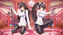 Rule 34 | 2girls, animal ears, architecture, atago (azur lane), azur lane, black footwear, black legwear, blush, bow, breasts, brown eyes, brown hair, closed mouth, east asian architecture, full body, garter straps, gloves, hair bow, head tilt, high ponytail, highres, holding, holding sword, holding weapon, indoors, katana, kneeling, large breasts, loafers, long hair, long sleeves, looking at viewer, masatoki, microskirt, mole, mole under eye, multiple girls, on one knee, panties, panties under pantyhose, pantyhose, pencil skirt, pleated skirt, sheath, sheathed, shirt, shoes, skirt, smile, sword, takao (azur lane), thighband pantyhose, underwear, unsheathing, v-shaped eyebrows, very long hair, weapon, white bow, white footwear, white gloves, white shirt, white skirt