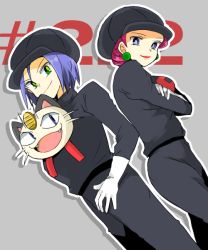 Rule 34 | 1boy, 1girl, animal, animal in clothes, atsumi yoshioka, black headwear, black jacket, black pants, blue hair, breasts, closed mouth, commentary request, creatures (company), crossed arms, earrings, game freak, gen 1 pokemon, gloves, green eyes, grey background, hat, jacket, james (pokemon), jessie (pokemon), jewelry, lipstick, logo, makeup, meowth, nintendo, outline, pants, pokemon, pokemon (anime), pokemon (creature), purple hair, red lips, short hair, smile, team rocket, team rocket uniform, white gloves