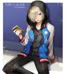 Rule 34 | 10s, 1boy, annoyed, arm support, black pants, blonde hair, cellphone, character name, emblem, gambe, green eyes, hair over one eye, highres, holding, holding phone, hood, hood up, hoodie, jacket, letterman jacket, light particles, long hair, long sleeves, looking at viewer, male focus, open clothes, open jacket, open mouth, pants, partially unbuttoned, phone, shoes, sitting, smartphone, solo, unzipped, yuri!!! on ice, yuri plisetsky