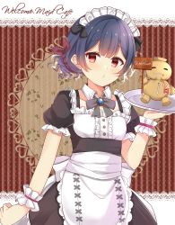 Rule 34 | 1girl, amidada, apron, back bow, black bow, black dress, blue hair, blush, border, bow, brooch, brown ribbon, center frills, collar, collarbone, commentary request, detached collar, dress, english text, frills, hair between eyes, hair ribbon, hand up, highres, holding, holding tray, idolmaster, idolmaster shiny colors, jewelry, lace, lace border, long hair, looking at viewer, morino rinze, ornate border, puffy short sleeves, puffy sleeves, red eyes, ribbon, shirt, short sleeves, sign, solo, striped, striped background, tray, vertical stripes, waist apron, white apron, white collar, white shirt, wing collar, wrist cuffs