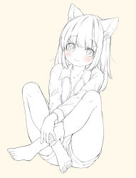 Rule 34 | 1girl, animal ear fluff, animal ears, barefoot, blush, cat ears, collared shirt, crossed ankles, feet, flat chest, full body, highres, long hair, long sleeves, looking at viewer, monochrome, mutou mato, original, shirt, short shorts, shorts, sitting, smile, solo, spot color, toes