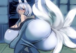 Rule 34 | 1girl, animal ears, ashling (no-plan), ass, ass focus, bare shoulders, blue eyes, blush, borrowed character, breasts, byakusen (amabiko kote), cameltoe, fox ears, fox tail, from behind, gigantic breasts, huge ass, japanese clothes, kimono, long hair, looking at viewer, lying, multiple tails, on side, original, sideboob, silver hair, smile, solo, tail