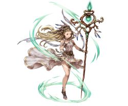 Rule 34 | 10s, 1girl, arm guards, armlet, bare shoulders, blonde hair, breasts, collar, dress, feathers, full body, granblue fantasy, hand on own chest, headdress, holding, jewelry, long hair, medium breasts, minaba hideo, official art, petra (granblue fantasy), sandals, solo, staff, transparent background, white dress, yellow eyes