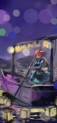 Rule 34 | 1girl, absurdres, blue dress, dress, full body, hair bobbles, hair ornament, highres, holding, lantern, light particles, looking at viewer, nyonsuke, one-hour drawing challenge, onozuka komachi, outdoors, red eyes, red hair, short hair, solo, standing, touhou, two side up, watercraft