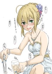 Rule 34 | 1girl, ahoge, alternate costume, artoria pendragon (fate), bare shoulders, blonde hair, blue nails, blush, bracelet, braid, breasts, collarbone, cup, dress, elf (stroll in the woods), fate/stay night, fate (series), flower, french braid, green eyes, hair between eyes, hair flower, hair ornament, highres, ice, ice cube, jewelry, looking at viewer, medium breasts, nail polish, necklace, pearl bracelet, saber (fate), strapless, strapless dress, sweat, tongs, translation request, white background