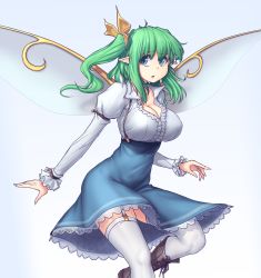 Rule 34 | 1girl, :o, alternate costume, arm belt, blue eyes, blue skirt, boots, breasts, cleavage, daiyousei, fairy wings, fingernails, garter straps, green hair, hair ribbon, hater (hatater), high-waist skirt, highres, juliet sleeves, knee boots, large breasts, long fingernails, long hair, long sleeves, looking at viewer, meme attire, open mouth, perky breasts, pointy ears, puffy sleeves, ribbon, shirt, side ponytail, simple background, skirt, solo, thighhighs, touhou, virgin killer outfit, white shirt, white thighhighs, wings, worried