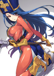 Rule 34 | 1girl, ass, bad id, blue hair, blue hat, blue tabard, blush, bodysuit, boots, breasts, dragon quest, dragon quest iii, eyes visible through hair, gloves, gold trim, hair over one eye, hat, highres, impossible clothes, large breasts, long hair, looking at viewer, looking back, mace, matsuryuu, mitre, priest (dq3), red eyes, skin tight, solo, tabard, very long hair, weapon, yellow footwear
