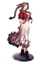 Rule 34 | 1girl, aerith gainsborough, boots, braid, braided ponytail, brown hair, cropped jacket, dress, final fantasy, final fantasy brave exvius, final fantasy vii, final fantasy vii remake, full body, green eyes, highres, jacket, looking at viewer, official art, pink jacket, ryuji ohara, simple background, solo, third-party source, war of the visions: final fantasy brave exvius