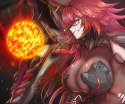 Rule 34 | 1girl, absurdres, ahoge, armor, bodystocking, boobplate, breastplate, breasts, cleavage, fire, goddess of victory: nikke, grin, hair between eyes, highres, large breasts, liangmian, long hair, nihilister (nikke), red eyes, red hair, see-through, see-through cleavage, sidelocks, smile, solo, tail, torn bodystocking, torn clothes