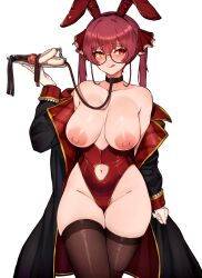 Rule 34 | 1girl, ball gag, bespectacled, black collar, breasts, clothing cutout, collar, fur cuffs, gag, glasses, groin, heterochromia, highleg, highleg leotard, highres, holding, holding tray, hololive, houshou marine, large areolae, large breasts, leash, leotard, navel, navel cutout, playboy bunny, red eyes, red hair, red leotard, sex toy, simple background, solo, thighhighs, tray, twintails, varniskarnis, virtual youtuber, white background, wiffle gag, yellow eyes