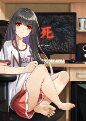 Rule 34 | 1girl, :t, alternate costume, barefoot, black hair, blunt bangs, breasts, chair, closed mouth, collarbone, controller, crossed ankles, desk, feet, flan (seeyouflan), highres, holding, holding controller, houraisan kaguya, indoors, keyboard (computer), long hair, looking at viewer, monitor, mouse (computer), neet, pout, red eyes, red skirt, shirt, short sleeves, sitting, skirt, small breasts, soles, solo, toes, touhou, v-shaped eyebrows, very long hair, white shirt