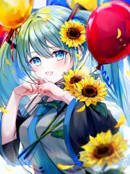 Rule 34 | 1girl, :d, aqua eyes, aqua hair, balloon, blue necktie, flower, grey shirt, hatsune miku, highres, long hair, looking at viewer, necktie, open mouth, shirt, simple background, smile, solo, sunflower, syana alice, twintails, upper body, vocaloid, white background