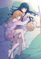 Rule 34 | 2girls, anakris, bare shoulders, barefoot, bed, blue eyes, blue hair, blunt bangs, cat, closed eyes, earrings, full body, highres, hug, jewelry, long hair, long sleeves, looking at another, lying, multiple girls, on back, on bed, orange hair, original, pajamas, parted lips, pillow, short sleeves, shorts, sleeping, striped clothes, striped shorts, sweat, vertical-striped clothes, vertical-striped shorts, yuri