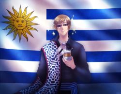 Rule 34 | 1boy, artist name, axis powers hetalia, blonde hair, flag, kuraudia, male focus, solo, sparkle, sunglasses, uruguay (hetalia)
