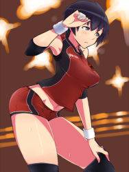 Rule 34 | 1girl, armpits, bandages, black eyes, black hair, breasts, em (totsuzen no hakike), luciana mazzei, midriff, navel, shirt, short hair, short shorts, shorts, solo, strike witches, strike witches: kurenai no majo-tachi, taut clothes, taut shirt, thighhighs, thighs, world witches series, wristband