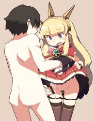 Rule 34 | 10s, 1boy, 1girl, :d, bar censor, beige background, black panties, blonde hair, blunt bangs, blush, breath, brooch, cagliostro (granblue fantasy), cape, censored, clothed female nude male, clothes lift, cum, cum on body, cum on clothes, cum on lower body, cum on pussy, cumdrip, cumdrip onto panties, dokan (dkn), grabbing, grabbing another&#039;s breast, granblue fantasy, hand under clothes, hetero, jewelry, legs together, lifting own clothes, long hair, looking down, male masturbation, masturbation, nude, open mouth, panties, panty pull, pointless censoring, purple eyes, pussy, sidelocks, simple background, skirt, skirt lift, smile, standing, sweatdrop, underwear, very long hair
