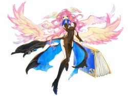 Rule 34 | 1girl, ahoge, angel, angel wings, archangel metatron (p&amp;d), black dress, blue eyes, book, breasts, cleavage, covering own mouth, dress, feathered wings, full body, head wings, high heels, highres, holding, holding book, kuwawa, large breasts, long hair, long sleeves, multiple wings, pink hair, puzzle &amp; dragons, showgirl skirt, simple background, solo, white background, wings