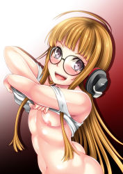 Rule 34 | 10s, 1girl, :d, black-framed eyewear, blonde hair, blush, bottomless, breasts, glasses, gradient background, headphones, kizaki yuuri, long hair, looking at viewer, navel, nipples, no bra, open mouth, persona, persona 5, purple eyes, red background, sakura futaba, small breasts, smile, solo, undressing