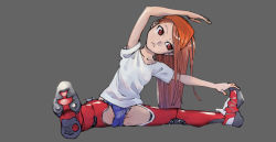 Rule 34 | 1girl, amputee, brown hair, female focus, grey background, leaning to the side, micro shorts, mutouki, original, prosthesis, red eyes, shirt, shorts, simple background, solo, split, stretching, t-shirt