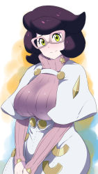 Rule 34 | 1girl, absurdres, breasts, creatures (company), flying sweatdrops, game freak, glasses, green eyes, highres, large breasts, long hair, looking at viewer, nintendo, pokemon, pokemon sm, purple hair, smile, solo, sweater, tonotyama, turtleneck, v arms, wicke (pokemon)