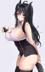 Rule 34 | 1girl, absurdres, ahoge, animal ears, ass, black hair, black nails, black thighhighs, blush, breasts, collarbone, cowboy shot, cup, dog ears, dog girl, dog tail, from side, hair between eyes, heart, heart sticker, heart stickers, highres, holding, holding cup, large breasts, long hair, looking at viewer, mole, mole on thigh, original, purple eyes, raised eyebrows, simple background, skindentation, smile, solo, standing, sticker on face, stone (ksorede), tail, thighhighs, thighs, white background