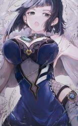 Rule 34 | 1girl, :o, absurdres, armpits, bare shoulders, black hair, breasts, cleavage, contrapposto, diagonal bangs, dress, earrings, from below, genshin impact, gloves, gold trim, happiness lilys, highres, jewelry, large breasts, looking to the side, open mouth, short hair, solo, thighhighs, water, yelan (genshin impact)