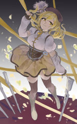 Rule 34 | 1girl, absurdres, beret, blonde hair, boots, breasts, brown corset, brown footwear, brown gloves, brown hat, brown thighhighs, closed mouth, corset, detached sleeves, drill hair, gloves, gun, hand up, hat, highres, knee boots, long sleeves, looking at viewer, mahou shoujo madoka magica, mahou shoujo madoka magica (anime), medium breasts, neck ribbon, puffy short sleeves, puffy sleeves, ribbon, short sleeves, skirt, smile, solo, striped clothes, striped thighhighs, tanmei (syoganaina), thighhighs, tomoe mami, twin drills, vertical-striped clothes, vertical-striped thighhighs, weapon, yellow eyes, yellow ribbon, yellow skirt, zettai ryouiki