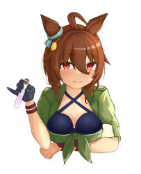 Rule 34 | 1girl, agnes tachyon (lunatic lab) (umamusume), agnes tachyon (umamusume), ahoge, animal ears, arm under breasts, bikini, black bikini, black gloves, blush, breasts, cleavage, closed mouth, commentary request, criss-cross halter, ear ornament, fang, gloves, green jacket, halterneck, holding, holding test tube, horse ears, horse girl, jacket, large breasts, red eyes, short hair, shpy py py, simple background, single glove, sleeves rolled up, smile, solo, swimsuit, test tube, tied jacket, umamusume, white background, wristband