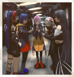 Rule 34 | 5girls, black coat, black hair, black jacket, black pantyhose, black shorts, black skirt, blue footwear, blue hair, boots, closed eyes, closed mouth, coat, colored inner hair, commentary request, cropped jacket, dress, flower, grey hair, hair flower, hair ornament, hallway, hand on own hip, hands up, harusaruhi, highres, hood, hood down, hooded jacket, indoors, isekai joucho, isshiki (ffmania7), jacket, kaf (kamitsubaki studio), kamitsubaki studio, koko (kamitsubaki studio), laughing, long hair, long skirt, long sleeves, multicolored hair, multiple girls, off shoulder, open mouth, orange dress, pantyhose, pink hair, pointing, pointing at another, profile, red dress, red flower, red footwear, red hair, rim (kamitsubaki studio), short dress, short hair, short shorts, shorts, sketch, skirt, smile, standing, streaked hair, virtual youtuber
