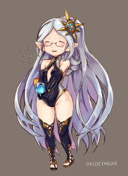 Rule 34 | bare shoulders, black background, black gloves, blush, breasts, closed eyes, cup, drink, drinking glass, elbow gloves, flying sweatdrops, full body, glasses, gloves, granblue fantasy, groin, hair ornament, harvin, holding, holding cup, holding drinking glass, long hair, parted bangs, parted lips, pointy ears, sandals, sketch, small breasts, smile, solo, standing, sweatdrop, thighhighs, tomonao, v arms, very long hair, zahlhamelina