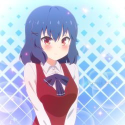Rule 34 | 1girl, absurdres, blue background, blue bow, blue hair, blush, bow, breasts, checkered background, commentary, dress shirt, grid background, hair between eyes, hair ornament, highres, indie virtual youtuber, light smile, long sleeves, looking at viewer, medium breasts, medium hair, neckwear request, nori (vtuber), patrick fche, red eyes, red sweater vest, shirt, sidelocks, signature, solo, spanish commentary, sweater vest, twitter username, v arms, virtual youtuber, white shirt, wing collar, x hair ornament